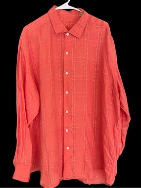 Tommy Bahama 3XL XXXL 100% Linen Coral Plaid Long Sleeve Button Up Shirt Men